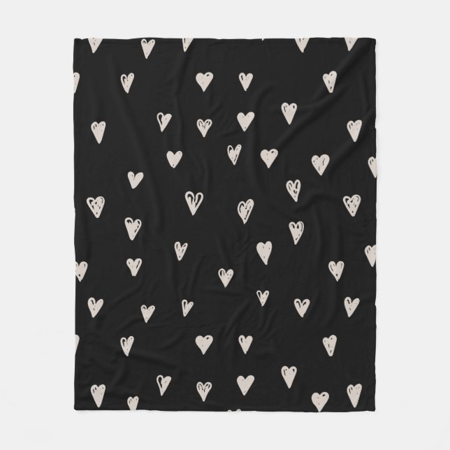 Niedliches Herz-Muster in Schwarz-Beige Doodles Fleecedecke (Vorderseite)