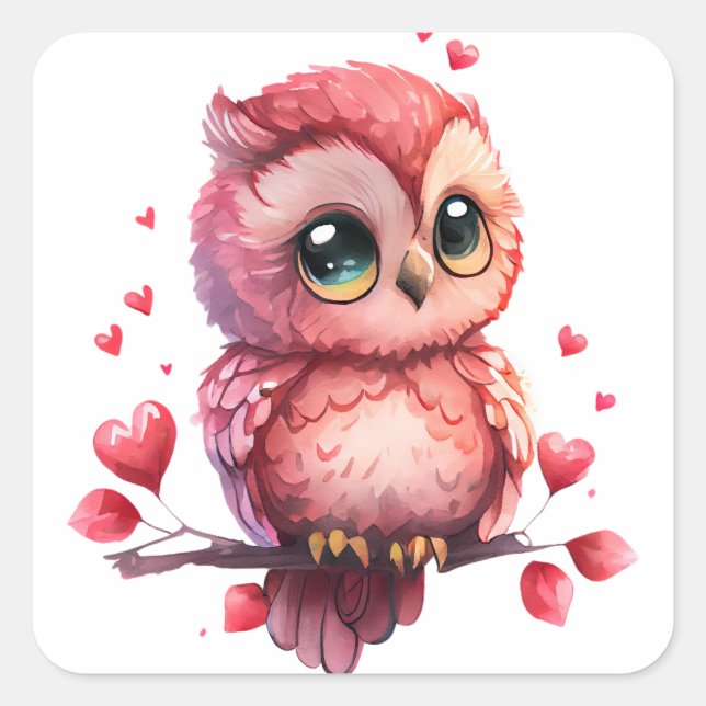 Niedliches Herz Owl Valentine Quadratischer Aufkleber (Vorderseite)