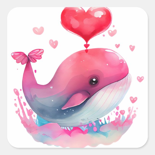 Niedliches Herz Pink Whale Valentine Quadratischer Aufkleber (Vorderseite)