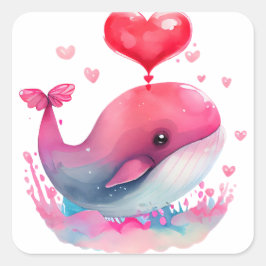 Niedliches Herz Pink Whale Valentine Quadratischer Aufkleber
