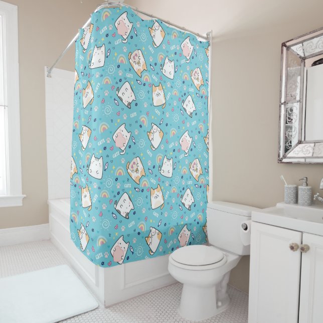 Niedliches Herz Rainbow Paw Fish Light Blue Themed Duschvorhang (Beispiel)