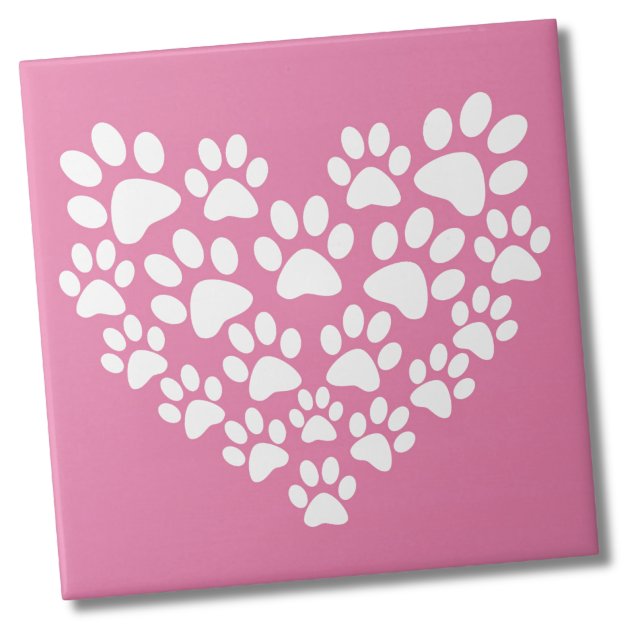 Niedliches Herz rosa Farbe drucken Fliese (Cute White Pink Paw Print Heart Ceramic Tile)