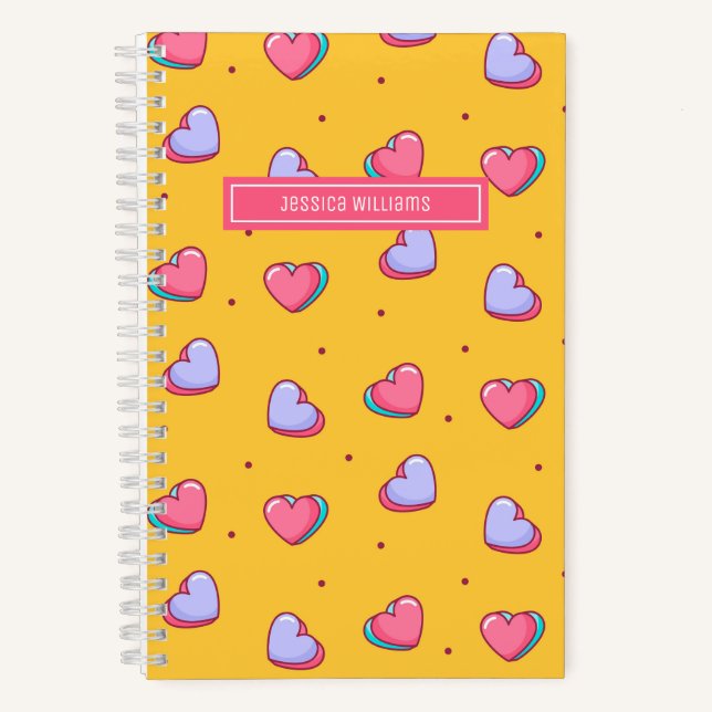 Niedliches Herz und Polka Dot Muster Retro Gelb Notizbuch (Vorderseite)