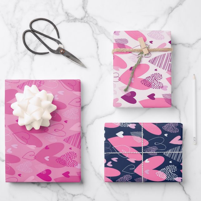 Niedliches Herzdoodle Muster Pink Blue Valentinsta Geschenkpapier Set (Vorderseite)