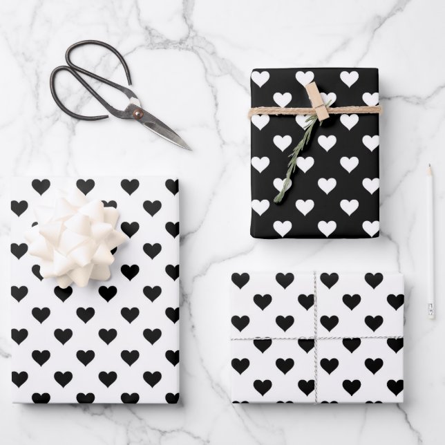 Niedliches Herzmuster Schwarz/Weiß Geschenkpapier Set (Vorderseite)