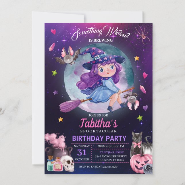 Niedliches HexenHalloween-Kindergeburtstag-Party Einladung (Vorderseite)