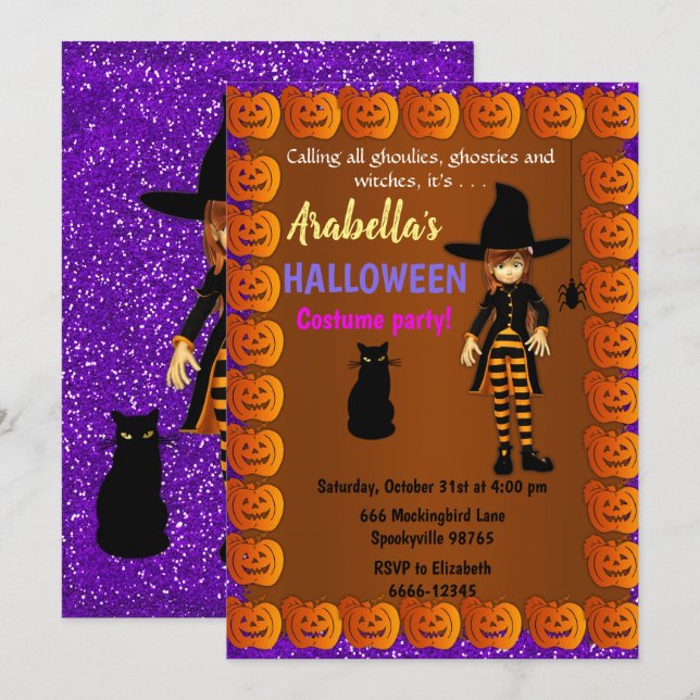 Niedliches Hexenkind-Halloween Einladung (Vorne/Hinten)