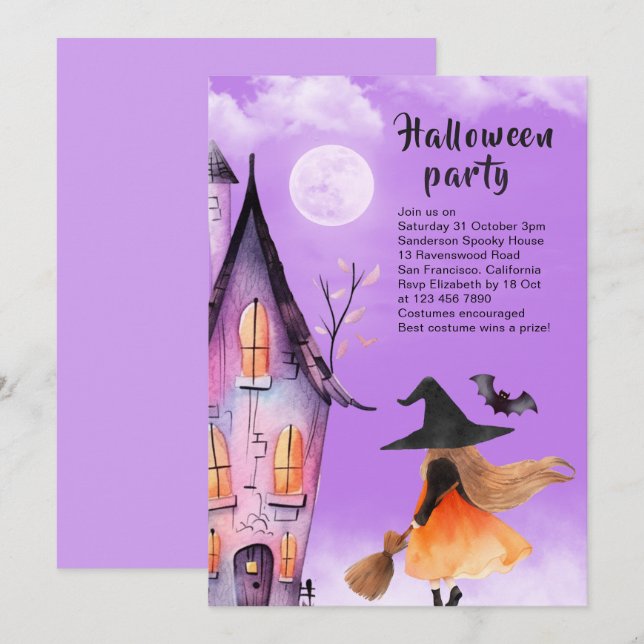 Niedliches Hexenkind-Halloween-Party Lila Einladung (Vorne/Hinten)