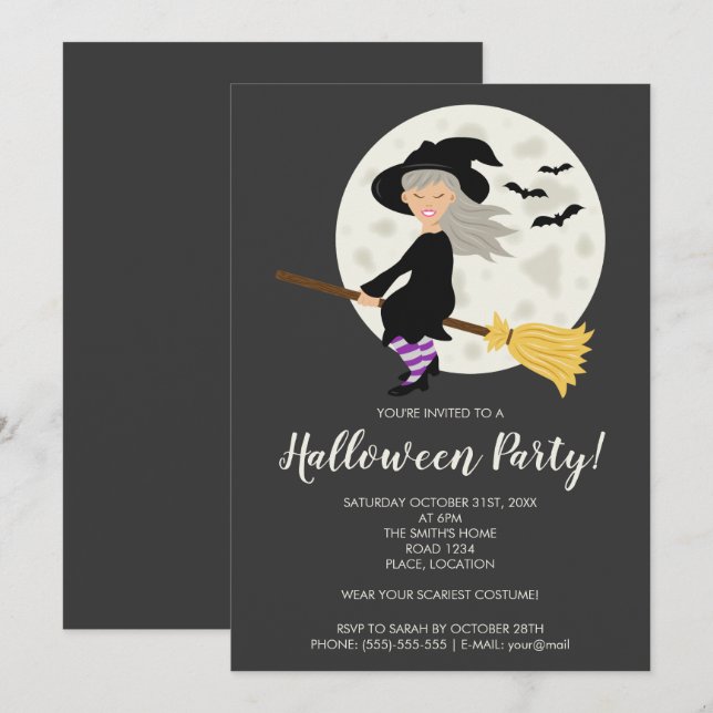 Niedliches Hexenmädchen auf einem Halloween-Party  Einladung (Vorne/Hinten)