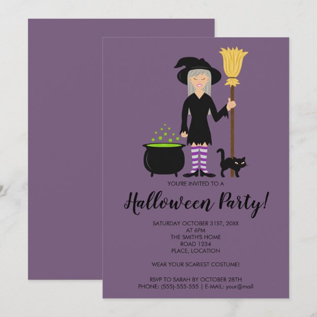 Niedliches Hexenmädchen auf einem Halloween-Party  Einladung (Vorne/Hinten)