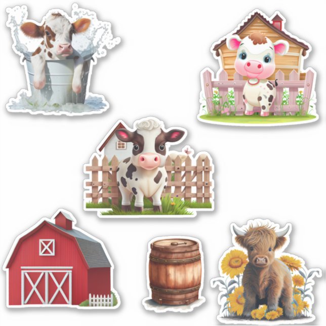 Niedliches Highland-Cow-Set von 6 Stallfarmen, kun Aufkleber (Vorderseite)