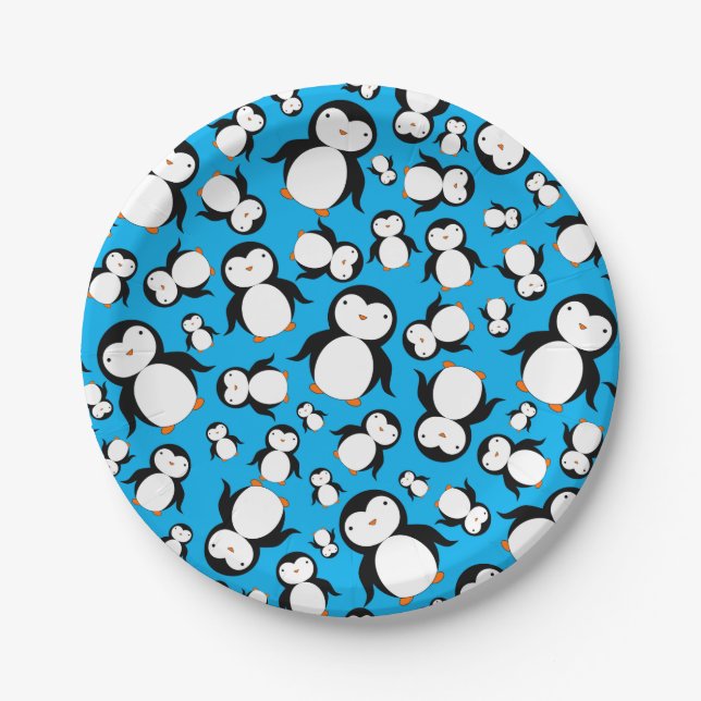 Niedliches Himmelblau Penguinmuster Pappteller (Vorderseite)