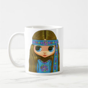Niedliches Hippie Chick Blue Big Eyes Friedenszeic Kaffeetasse