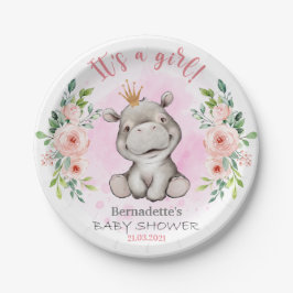 Niedliches Hippo Es ist ein Girl Baby Shower Paper Pappteller