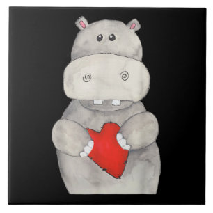 Niedliches Hippo Hippopotamus Holding Herz Liebe Fliese