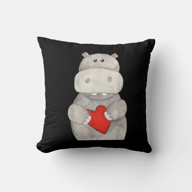 Niedliches Hippo Hippopotamus Holding Herz | Liebe Kissen (Vorderseite)