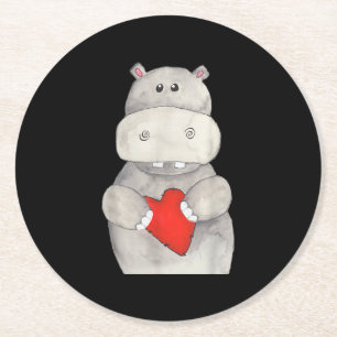 Niedliches Hippo Hippopotamus Holding Herz Liebe Runder Pappuntersetzer