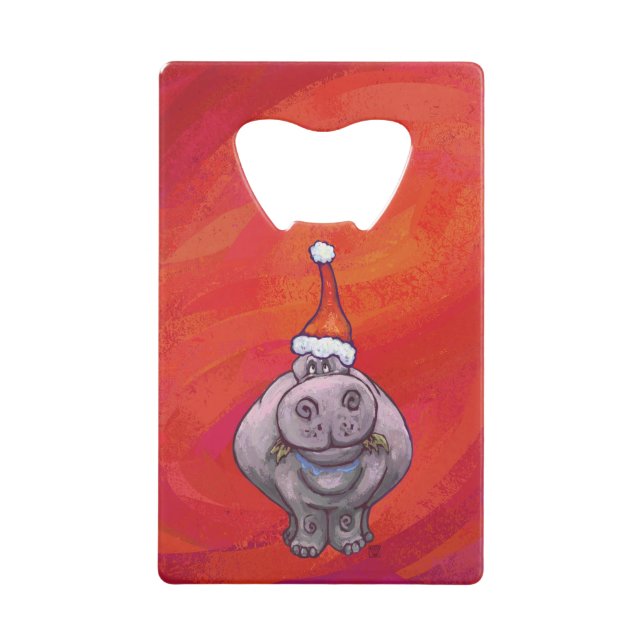 Niedliches Hippo in Weihnachtsmannmütze auf Rot Geldkarten Flaschenöffner (Vorderseite)