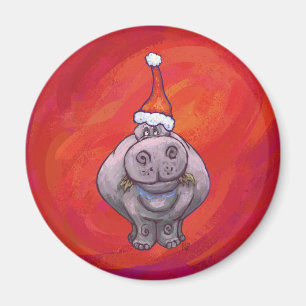 Niedliches Hippo in Weihnachtsmannmütze auf Rot Magnet
