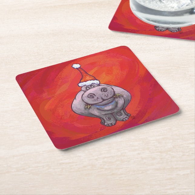 Niedliches Hippo in Weihnachtsmannmütze auf Rot Rechteckiger Pappuntersetzer (angewinkelt)