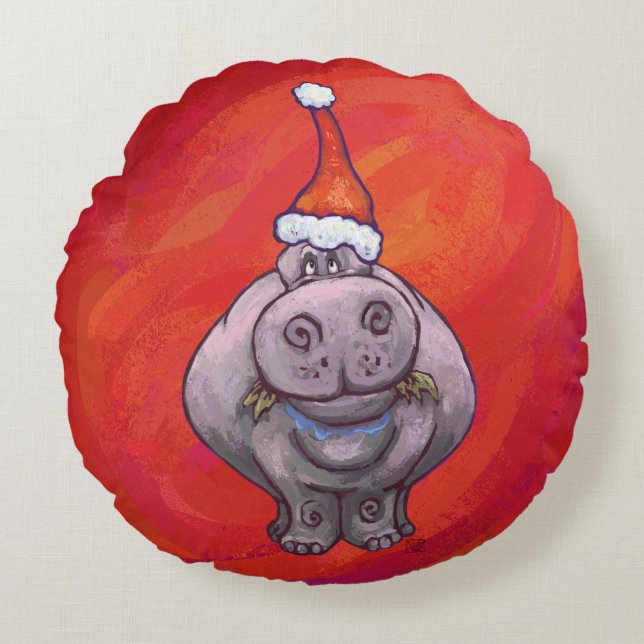 Niedliches Hippo in Weihnachtsmannmütze auf Rot Rundes Kissen (Vorderseite)