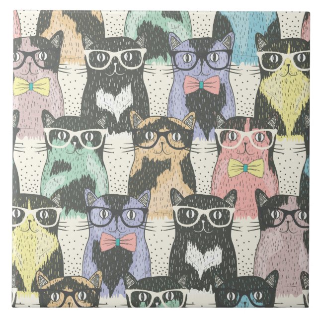 Niedliches Hipster-Katzen-Muster Fliese (Vorderseite)