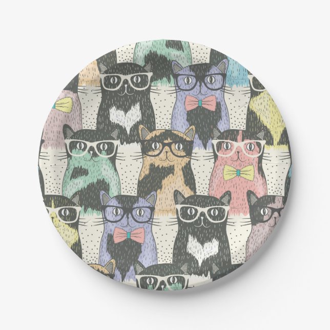 Niedliches Hipster-Katzen-Muster Pappteller (Vorderseite)