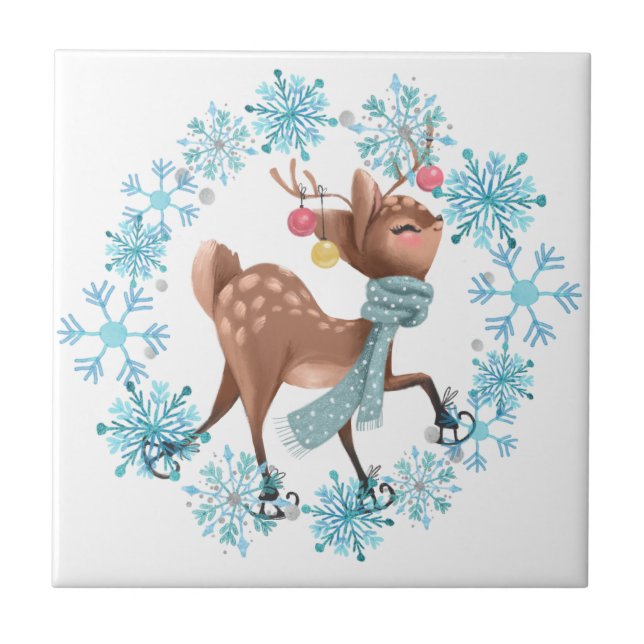 Niedliches Hirsch auf Skaten Snowflake Wreath Fliese (Vorderseite)