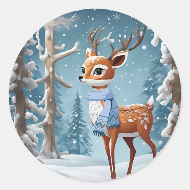 Niedliches Hirsch im Winter-Wald Weihnachten Runder Aufkleber (Vorderseite)