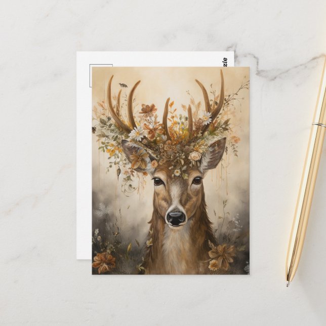 Niedliches Hirsch in einer bloralen Krone Postkarte (Vorderseite/Rückseite Beispiel)