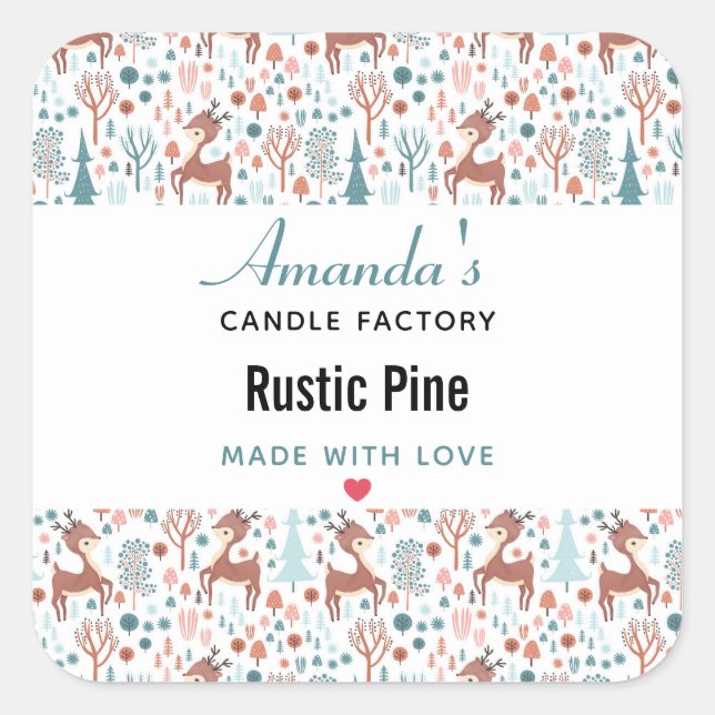 Niedliches Hirsch in Whimsical Forest Pattern Kerz Quadratischer Aufkleber (Vorderseite)