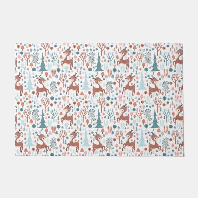 Niedliches Hirsch in Whimsical Forest Pattern Weih Fußmatte (Vorderseite)