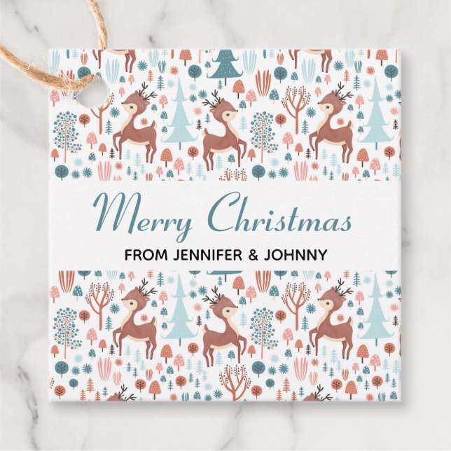 Niedliches Hirsch in Whimsical Forest Pattern Weih Geschenkanhänger (Vorderseite)