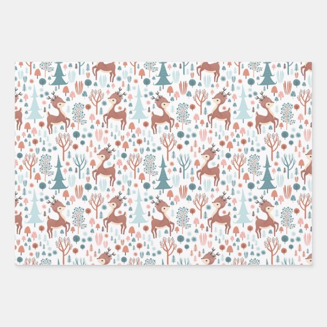 Niedliches Hirsch in Whimsical Forest Pattern Weih Geschenkpapier Set (Vorderseite)