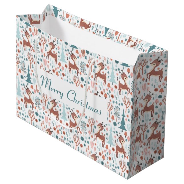 Niedliches Hirsch in Whimsical Forest Pattern Weih Große Geschenktüte (Vorderseite Schrägansicht)