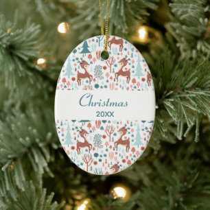 Niedliches Hirsch in Whimsical Forest Pattern Weih Keramik Ornament