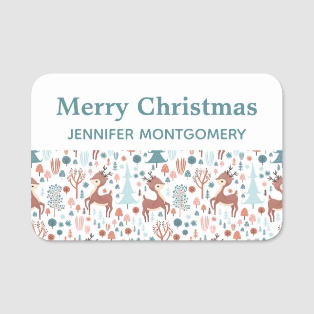 Niedliches Hirsch in Whimsical Forest Pattern Weih Namensschild (Vorderseite)