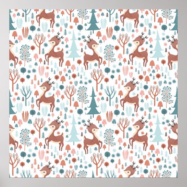 Niedliches Hirsch in Whimsical Forest Pattern Weih Poster (Vorne)