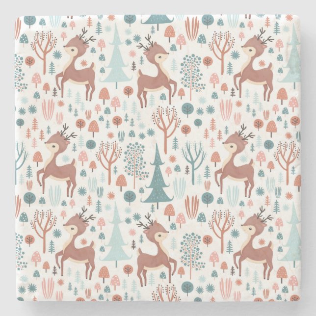 Niedliches Hirsch in Whimsical Forest Pattern Weih Steinuntersetzer (Vorderseite)