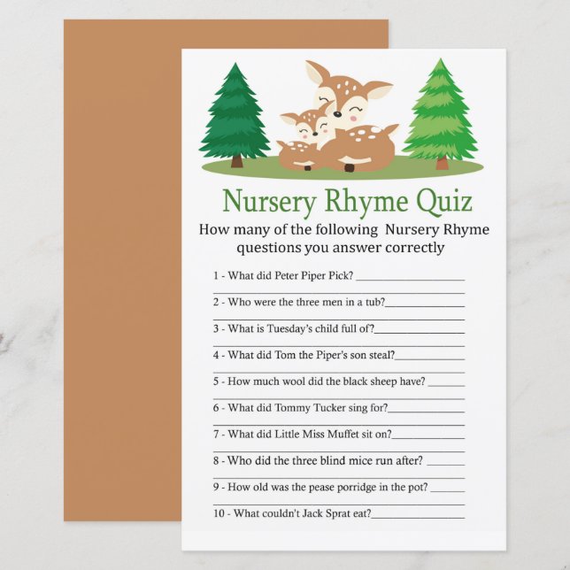 Niedliches Hirsch Kinderzimmer Rhyme Quiz Kinderdu (Vorne/Hinten)