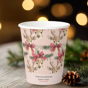 Niedliches Hirsch mit Rotem Bow Rosa Weihnachten Pappbecher