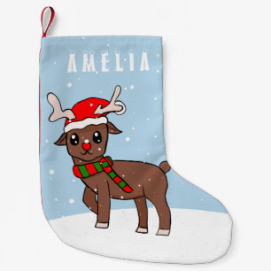 Niedliches Hirsch mit Weihnachtsmannmütze Schnee Kleiner Weihnachtsstrumpf