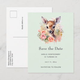 Niedliches Hirsch Save the Date umgeben von Rose Ankündigungspostkarte