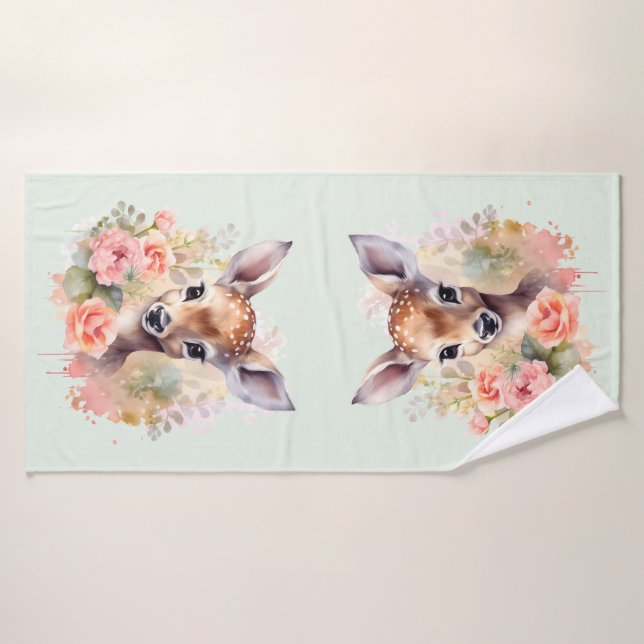 Niedliches Hirsch, umgeben von Rose Badhandtuch Set (Badehandtuch)