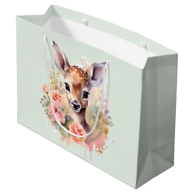 Niedliches Hirsch, umgeben von Rose Große Geschenktüte (Rückseite Schrägansicht)