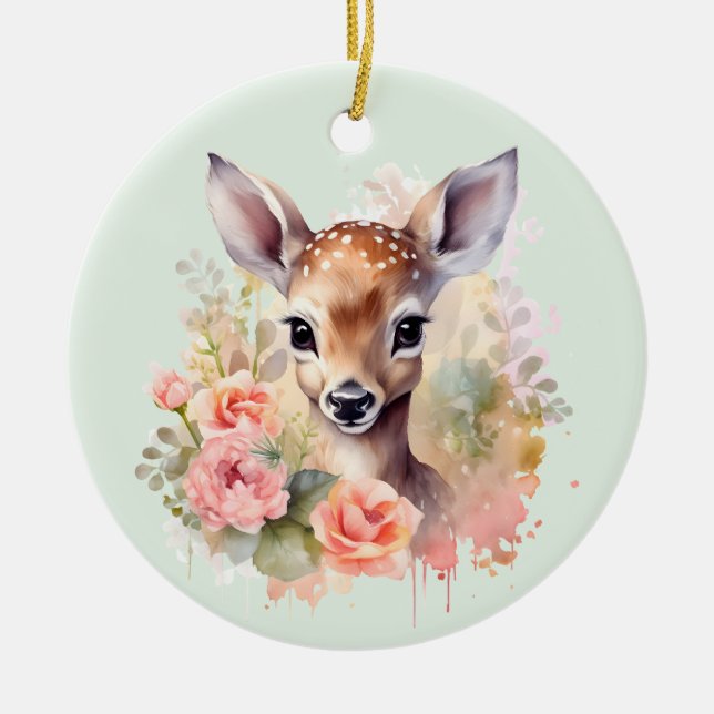 Niedliches Hirsch, umgeben von Rose Keramik Ornament (Vorne)