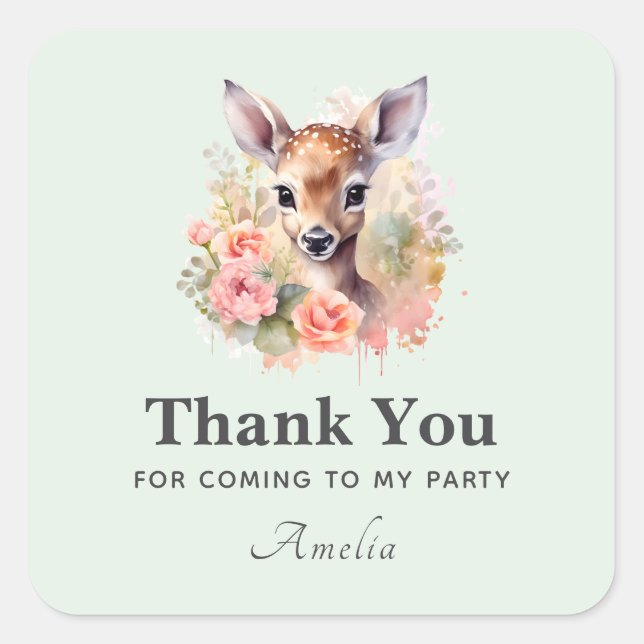 Niedliches Hirsch umgeben von Rose Party Vielen Da Quadratischer Aufkleber (Vorderseite)