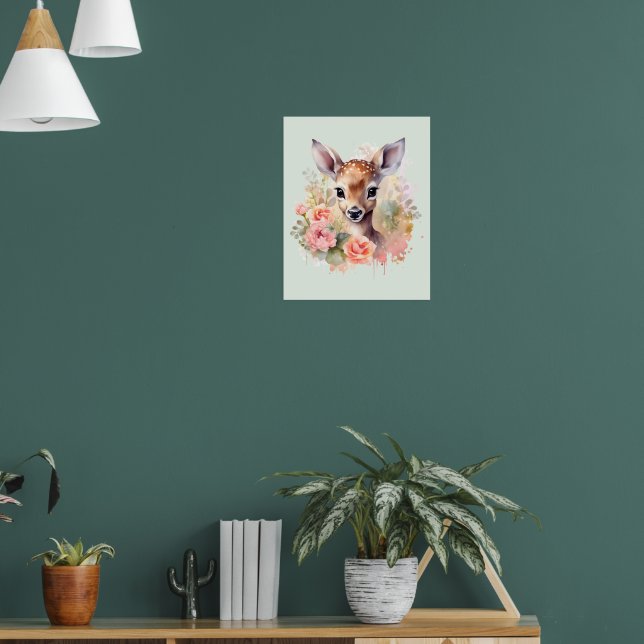 Niedliches Hirsch, umgeben von Rose Poster (Wohnzimmer 1)