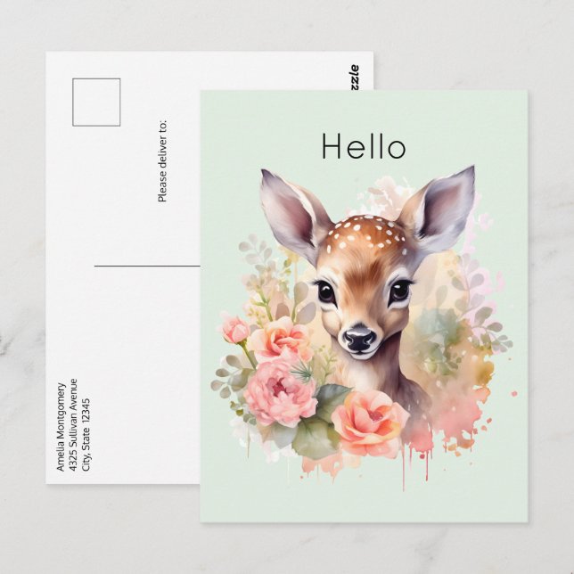 Niedliches Hirsch, umgeben von Rose Postkarte (Vorne/Hinten)
