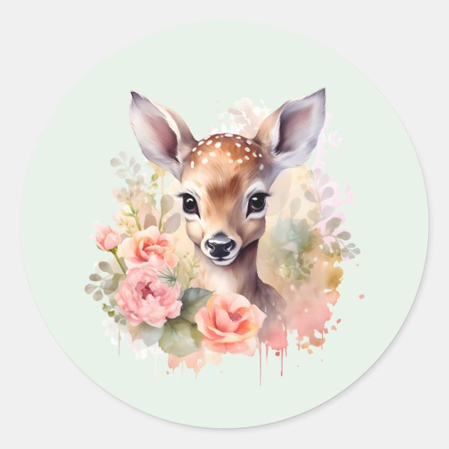 Niedliches Hirsch, umgeben von Rose Runder Aufkleber (Vorderseite)